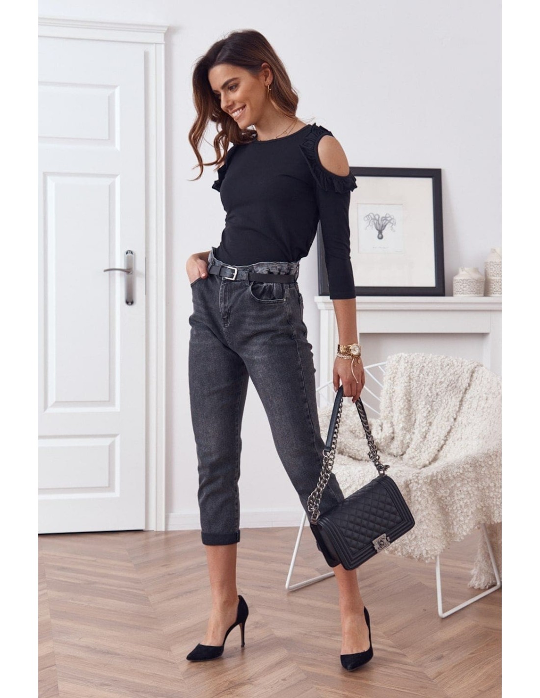 Denim pants with a mom belt, black, 0110 - Online store - Boutique